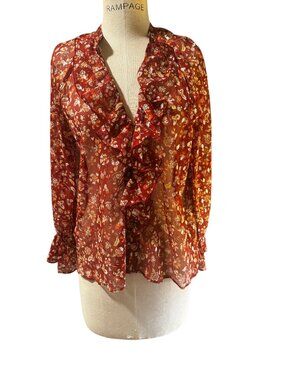 Zara Floral Ruffle Blouse Red Sheer Romantic Boho Top Medium NWT